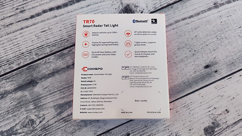 COOSPO TR70レーダーテールライトのパッケージ2