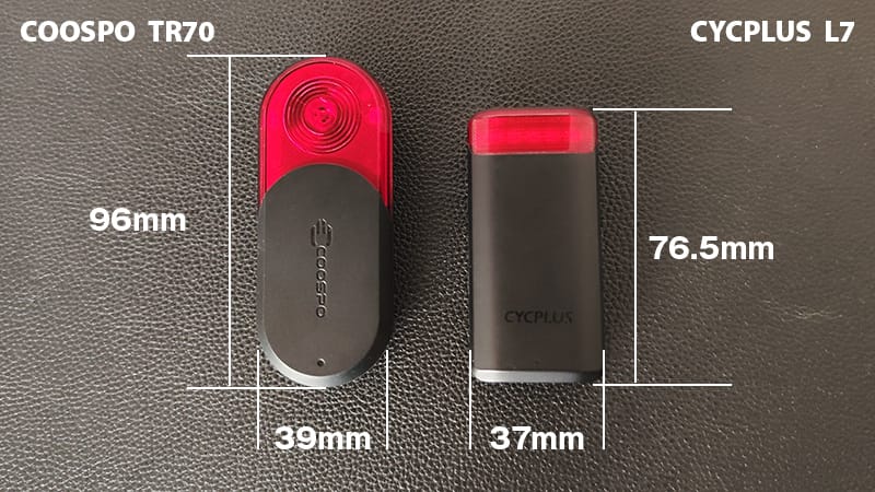 COOSPO TR70レーダーテールライトとCYCPLUS L7との大きさ比較